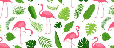 Palmiye yaprağı ve flamingo desensiz, tropikal ağaç ve kuğu arka planı, orman bitkisi, egzotik yapraklar ve kuş izi. Karikatür yaz çiçekleri ve hayvan tekstili. Hawaii vektör illüstrasyonu