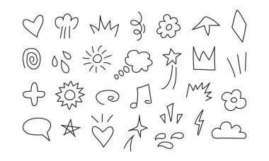 Sevimli çizgi elemanı, çizim karalaması, karalama oku, karikatür bulut taslak ikonu, el çizimi yıldız, anime metin etiketi, emoji hareketi sembolü, komik ifade işareti. Düzenlenebilir felç. Basit vektör