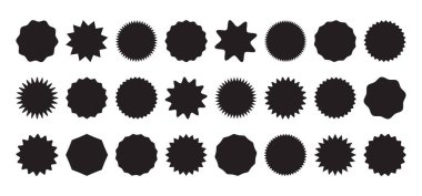 Çıkartma yıldız patlaması, tanıtım rozeti yuvarlak şekli, fiyat etiketi dairesi, satış etiketi simgesi, siyah güneş, beyaz arka planda izole edilmiş yeni indirim seti. Reklam vektörü illüstrasyonu