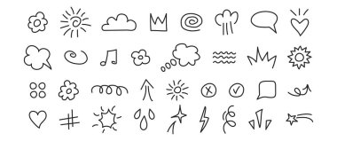 Çizgi film ögesi, sevimli karalama, karalama oku, çizim bulutu simgesi, el çizimi yıldız, metin çıkartması, emoji hareketi sembolü, basit ifade işareti. Düzenlenebilir felç. Çizgi roman vektörü illüstrasyonu