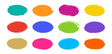 Oval çizim şekli, yuvarlak kömür afişi, renkli boya fırçası, grunge organik leke, düzensiz leke, beyaz arka planda leke. Soyut balon simgesi, basit işaret. Vektör illüstrasyonu