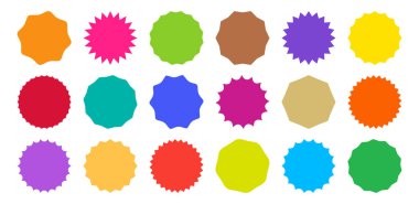 Rozet yıldızı simgesi, etiket yıldız patlaması şekli, satış dairesi, güneş etiketi, beyaz arka planda izole edilmiş renkli etiket. Ödül ve madalya, başarı koleksiyonu. Retro basit vektör illüstrasyonu