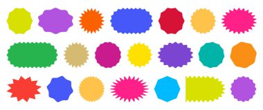 Rozet yıldızı, çıkartma şekli, satış fiyatı etiketi, renkli güneş, daire ve oval etiket, beyaz arkaplanda izole edilmiş yuvarlak indirim simgesi. Renkli vintage pankart seti. Vektör illüstrasyonu