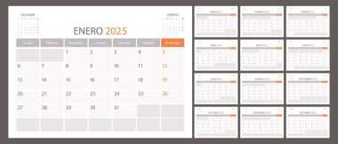 İspanyol takvim planlayıcısı 2025 yıl, takvim ay çizelgesi, düzenleyici şablon. Hafta pazartesi başlıyor. Kişisel iş sayfası. Modern basit vektör illüstrasyonu
