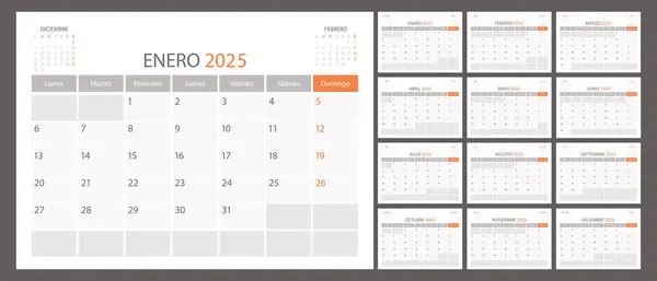 İspanyol takvim planlayıcısı 2025 yıl, takvim ay çizelgesi, düzenleyici şablon. Hafta pazartesi başlıyor. Kişisel iş sayfası. Modern basit vektör illüstrasyonu