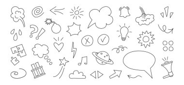 Çizgi roman öğesi, okul karalaması, karalama oku, yıldız. Eskiz bulutu simgesi, el çizimi eğitim etiketi ana hatları tasarım, çizgi film hareket sembolü, basit ifade işareti. Çocuk vektör illüstrasyonu