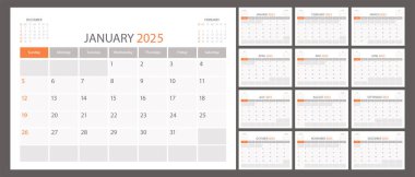 Takvim planlayıcısı 2025 zamanlama ay çizelgesi, düzenleyici şablon. Hafta pazar günü başlıyor. Kişisel iş sayfası. Modern basit vektör illüstrasyonu