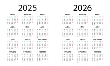 İspanyol takvimi 2025 2026. Hafta pazartesi başlıyor. Basit vektör illüstrasyonu