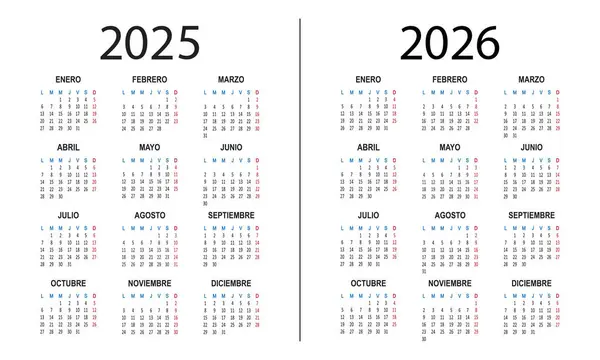 İspanyol takvimi 2025 2026. Hafta pazartesi başlıyor. Basit vektör illüstrasyonu