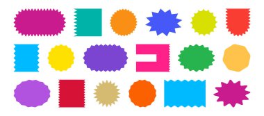 Yıldız patlaması şekli, çıkartma renkli yıldız, satış fiyatı etiketi, güneş etiketi, beyaz arka planda izole edilmiş indirim simgesi. Renkli farklı bir afiş. Basit bir terfi seti. Vektör illüstrasyonu