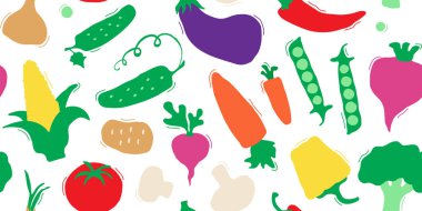 Çizgi film sebzesiz, kusursuz desen, sevimli karakter geçmişi. Komik çocuk maması baskısı. Salata el çizimi. Bebek saf duvar kağıdı. Vektör illüstrasyonu