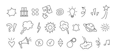 Çizgi roman okulu öğesi, güzel karalama, karalama çizgisi ikonu. Eskiz bulutları, el çizimi eğitim etiketi ana hatları tasarım, çizgi film hareket sembolü, basit ifade işareti. Çocuk vektör illüstrasyonu