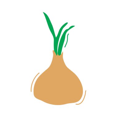 Çizgi film soğan el çizimi, tatlı sebze karalaması, basit karakter ikonu. Beyaz arka planda izole edilmiş komik çocuk yemekleri. Bebek naif vektör çizimi