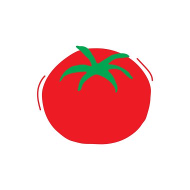 Çizgi film domatesli el çizimi, tatlı sebze karalaması, karakter simgesi. Beyaz arka planda izole edilmiş komik çocuk yemekleri. Bebek naif vektör çizimi