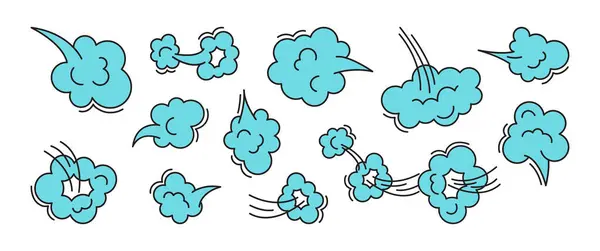 stock vector Cartoon fart cloud icon, smoke poof doodle, blue comic breath, air, steam puff, dust or flatulence, smell pop, cute gas bubble set isolated on white background. Aroma vector illustration