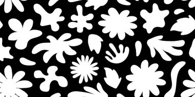 Çiçeklerin pürüzsüz deseni, harika çiçekli arka plan, bahar papatya deseni, acayip yaz papatya tekstili. Soyut siyah beyaz bg. Tek renkli şirin vektör illüstrasyonu