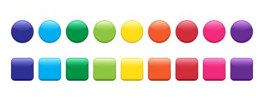 Parlak düğme simgesi, cam ağ rozeti, beyaz arkaplanda izole edilmiş renkli gökkuşağı 3D baloncuk. Renkli gradyan pin seti. Yuvarlak parlak vektör çizimi