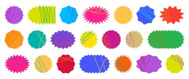 Rozet şekli, etiket patlaması, satış fiyatı etiketi, güneş etiketi, beyaz arka planda izole edilmiş indirim simgesi. Sosyal medya elemanı. Retro renk pankartı. Promosyon farklı bir model belirledi. Vektör illüstrasyonu