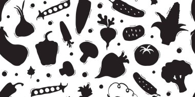 Basit sebzesiz desen, siyah siluet izi, salata yiyeceği çizimi. Tarım karakteri duvar kağıdı karalıyor. Soğan, domates, biber, mısır. Çizgi film çiftlik bakkalı. Vektör illüstrasyonu