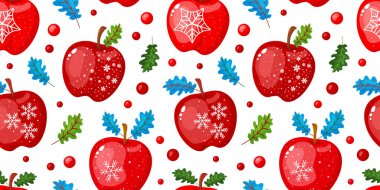 Çizgi film Noel aromalı, elmasız desenli, yapraklı kırmızı meyveli, kar taneli Noel süslemeli. Tatlı Xmas çocuk baskısı. Kış vektör illüstrasyonu