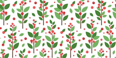 Noel kırmızı böğürtlensiz desen, tatil ağacı ve bitki örtüsü, dal yaprakları baskısı, süsleme meyve filizi, Xmas çiçek seti. Çizgi film sonbahar dalı. Yeni yıl yaprakları. Vektör illüstrasyonu