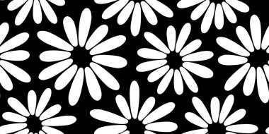 Harika çiçek desenleri, bahar çiçeği arkaplanı, tuhaf papatya deseni, şirin yaz papatya çayı siyah beyaz tekstili. Soyut basit monokrom bg. Vektör illüstrasyonu