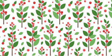 Noel kırmızı böğürtlensiz desen, tatil ağacı ve bitki örtüsü, dal yaprakları baskısı, süsleme meyve filizi, Xmas çiçek seti. Çizgi film sonbahar dalı. Yeni yıl yaprakları. Vektör illüstrasyonu