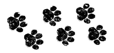 Köpek patisi izi, kedi ayağı grunge ikonu, hayvan çizim yolu. Ayı, panda basamağı dokusu. Kaplan ayak izi. Siyah siluetler beyaz arkaplanda izole edilmiş. Çizgi film vektör illüstrasyonu