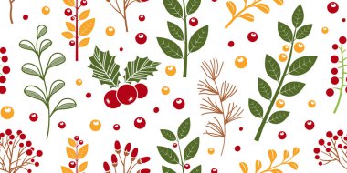 Noel dutsuz deseni, ökseotu filizi, dal yapraklı arka plan. Kış, sonbahar ağacı, kutsal çilek, ladin, dal izi. Kırmızı, yeşil, kahverengi, sarı renkler. Xmas vektör illüstrasyonu