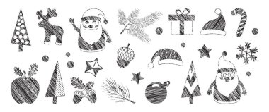 Noel pastel boya ikonu, Xmas tebeşir hattı seti. Tatil kış dekoru fırçalı el çizimi. Noel Baba, hediye kutusu, ren geyiği, top, kar tanesi, şapka, köknar ağacı kalem tasarımı. Sezon kömür vektör illüstrasyonu