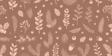 Kış böğürtlensiz moka rengi. Noel ökse otu filizleri, tatil yaprakları arka planda. Sonbahar ağacı, ladin, dal izi. 2025 yılının moda renkleri. Xmas doğa vektörü illüstrasyonu