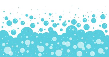 Çizgi film sabun köpüğü arka planı, mavi köpük deseni, su-soda sınırı, banyo çerçevesi, çamaşır köpüğü. Şampuan sıçraması, bebek partisi, deniz altı suları, köpük banyosu. Soyut vektör illüstrasyonu