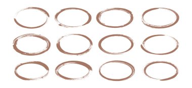 Mocha mus rengi çerçeve sanatı, yuvarlak kahve ve çikolata renkli boya kutusu, kömür işaretiyle çizilmiş el yazısı, elips karalaması, ön plan karalama, grunge balonu, freehand yüzüğü. Vektör illüstrasyonu