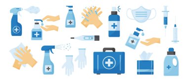 Tıbbi ppe ikonu, dezenfekte jeli şişesi, el hijyeni, antiseptik sabun ve mendil, eldivenler ve beyaz arka planda izole edilmiş koruyucu maske. Virüs salgınına karşı ilaç ayarlandı. Vektör illüstrasyonu