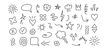 Emoji çizgisi simgesi, karikatür karalama simgesi, sevimli karalama hareketi çıkartması. Eskiz oku, bulut, yıldız, konuşma balonu çizilmiş el, metin ifadesi işareti. Düzenlenebilir felç. Çizgi roman vektörü illüstrasyonu
