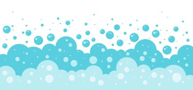 Çizgi film mavi köpüklü arka plan, banyo sabunu, soda sınırı, çamaşır çerçevesi, köpükler. Şampuan sıçraması, bebek partisi, deniz altı suları, köpük banyosu. Soyut vektör illüstrasyonu