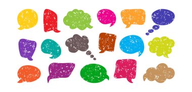 Konuşma balonu pastel boyası, komik konuşma bulutları el çizimi renkli tebeşir çerçevesi, balon kalem karalama seti, çizim metni seti. Diyalog pastel dokusu, grunge sohbet seti, şirin çocuk mesajı. Vektör illüstrasyonu