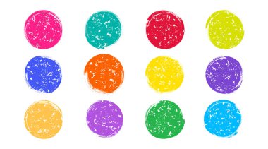 Yuvarlak fırça boyası, grunge suluboya dairesi, pastel boya pulu, çizim şekli kaba doku, beyaz arkaplanda izole edilmiş renkli kalem düğmesi. Tebeşir vektör illüstrasyonu