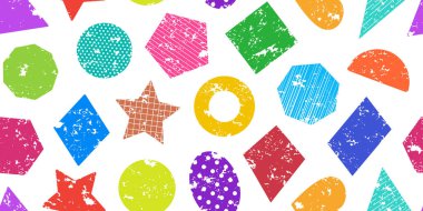 Geometrik şekilli pastel boyasız desen, tebeşirsiz figür çocuk arka planı, şirin grunge çıkartması afişi, renkli karalama figürü baskısı. Çocuksu geometri duvar kağıdı. Vektör illüstrasyonu