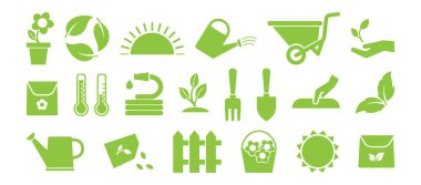 Bahçe simgesi, beyaz arkaplanda izole edilmiş yeşil siluetler. Kürek, tohum, ot, el arabası, su, makas, ağaç, hortum, toprak, çiçek, bitki, bahçe işleri. Çiftlik organik seti. Vektör illüstrasyonu