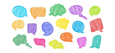 Çizgi roman balonu pastel boyası ikonu, diyalog bulutu el çizimi, renkli konuşma balonu kalemi, çizim metni çerçevesi, balmumu sohbet karalaması, beyaz arka planda mesaj kutusu kalem dokusu. Vektör illüstrasyonu