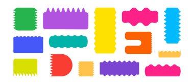 Zig zag şekil damgası, çerçeve kıvrımlı, dalgalı kenar, sticker dalga kenarı, kıvrımlı rozet, beyaz arkaplanda izole edilmiş renkli silüet geometrik form. Vektör illüstrasyonu