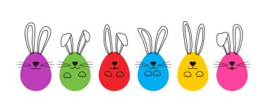 Easter bunny, cartoon rabbit icon, cute eggs animal drawn, spring character egg hunt, holiday funny colorful collection isolated on white background. Vector illustration line and flat design