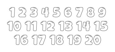Cartoon number from one to twenty linear icon, cute kid math font outline design, school funny 1 to 20 letter, black alphabet, children education figure set. Learn simple vector illustration