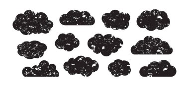 Cloud sky charcoal icon, black coal shape. Grunge children crayon icon. Cute scribble bubble set chalk design isolated on white background. Paint brush childish vector illustration
