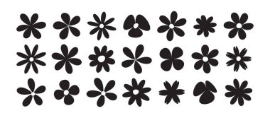Spring flower icon, cute summer plant, retro black sticker daisy, groovy chamomile, simple vintage element, floral doodle set isolated on white background. Abstract modern vector illustration