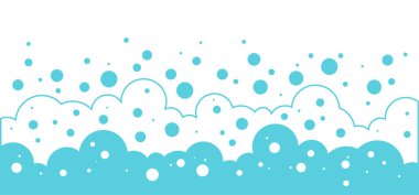 Cartoon foam bubble background, bath soap pattern line and flat art, water soda border, wash frame, laundry suds. Shampoo splash, baby shower, sea underwater bg. Blue, white color vector illustration