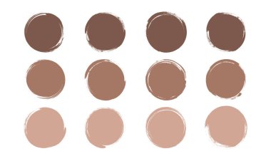 Paint brush blob, circle shape icon mocha mousse color, round chalk bubble, charcoal button, ink stain, grunge edge border hand drawn, round spot set isolated on white background. Vector illustration