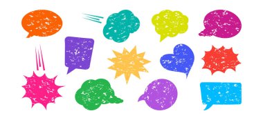 Speech bubble crayon drawn, dialogue cloud chalk, colorful talk balloon, cartoon text box, comic message grunge texture, sketch pencil discussion chat, pastel stroke, doodle set. Vector illustration