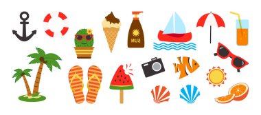 Summer beach icon, cartoon vacation set, cute tropical sticker. Funny summertime element. Watermelon, boat, ice cream, palm tree, fruit, lifebuoy, sun isolated on white background. Vector illustration